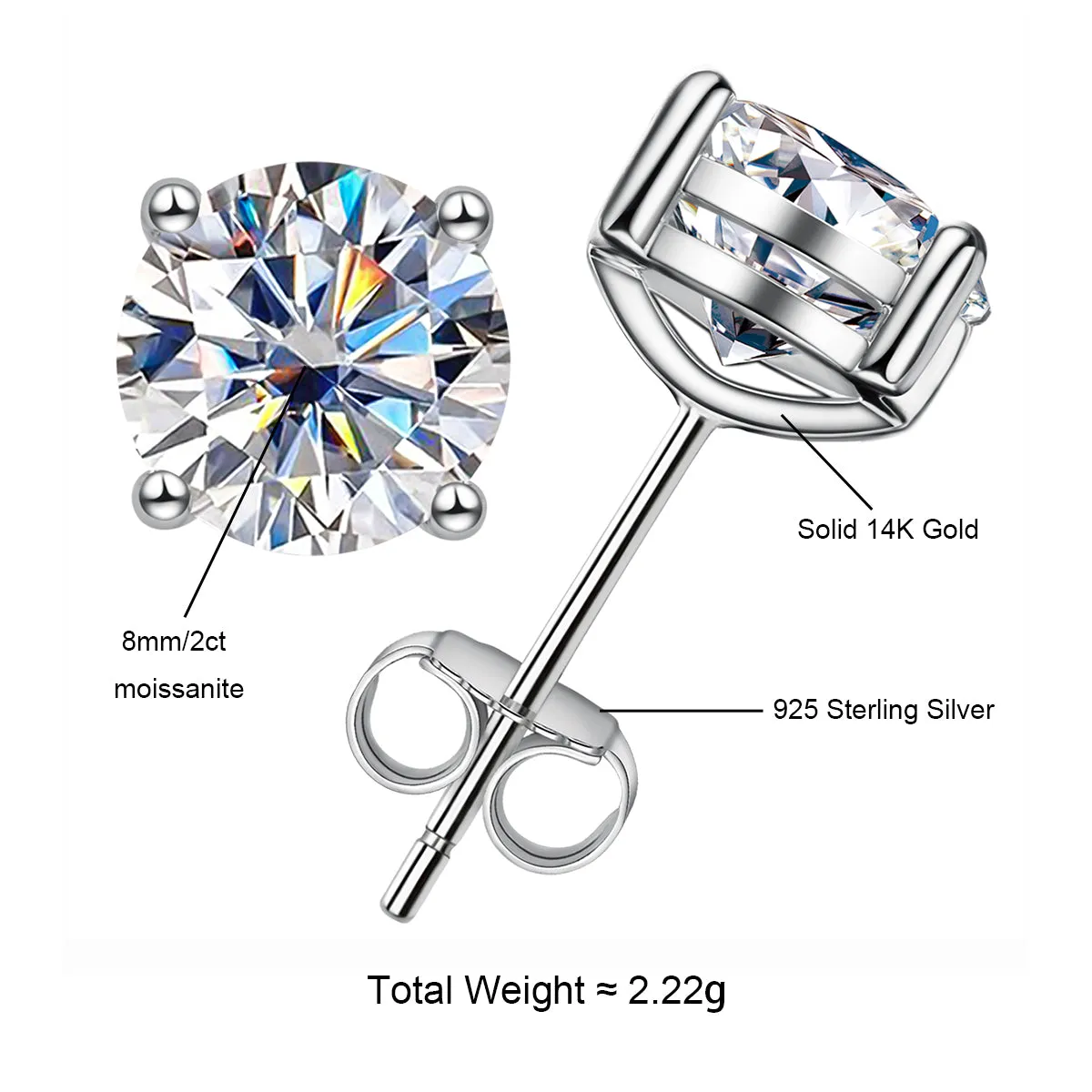 Real 14K Gold 4.0CT D Color Moissanite earrings 585 Gold Stud Earrings