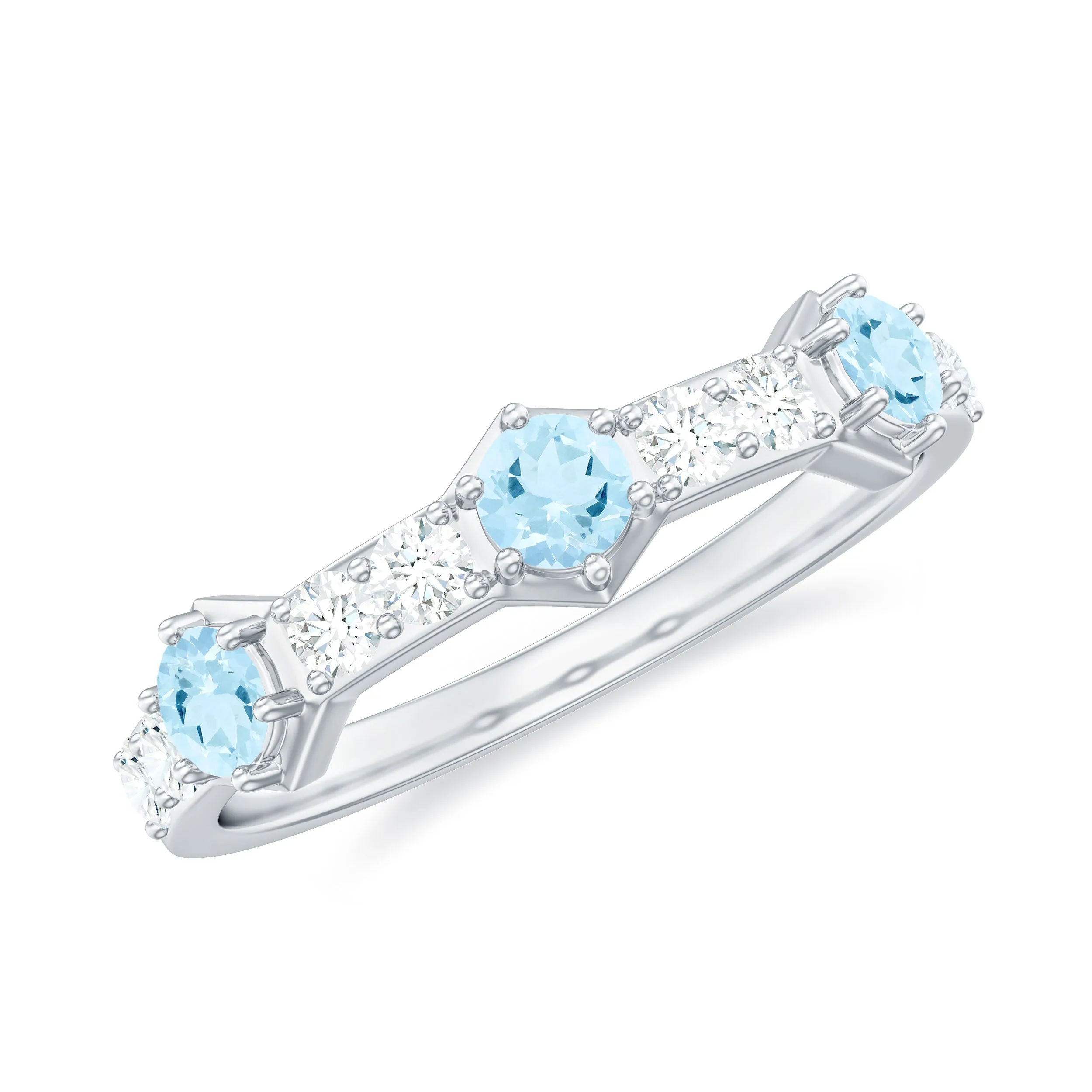Real Aquamarine and Diamond Half Eternity Ring