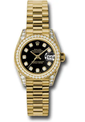 Rolex Yellow Gold Lady-Datejust 26 Watch - 42 Diamond Bezel - Black Diamond Dial - President Bracelet - 179158 bkdp