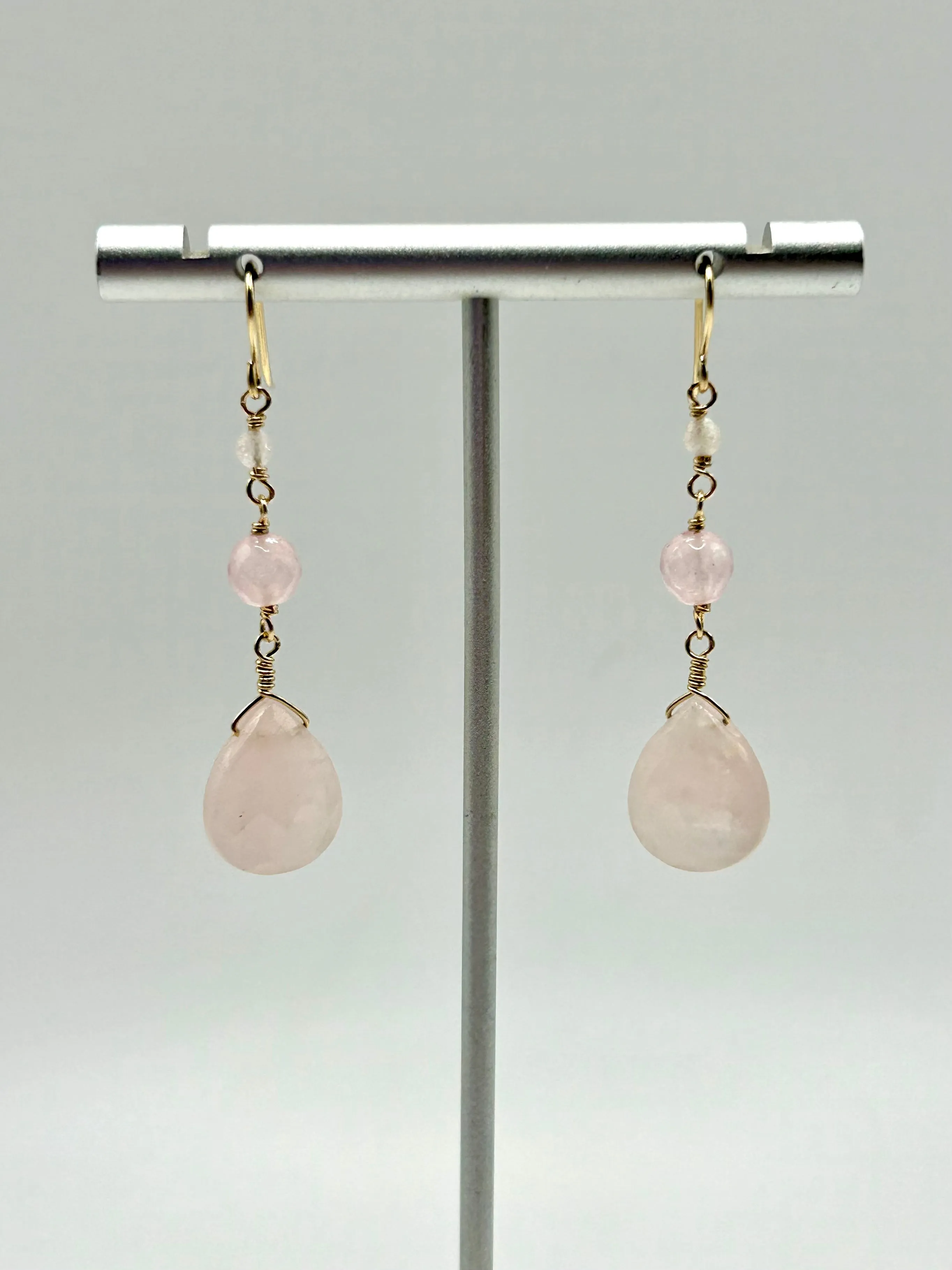 Rose Quartz & Morganite Gemstone 14k Gold Filled Dangly Earrings