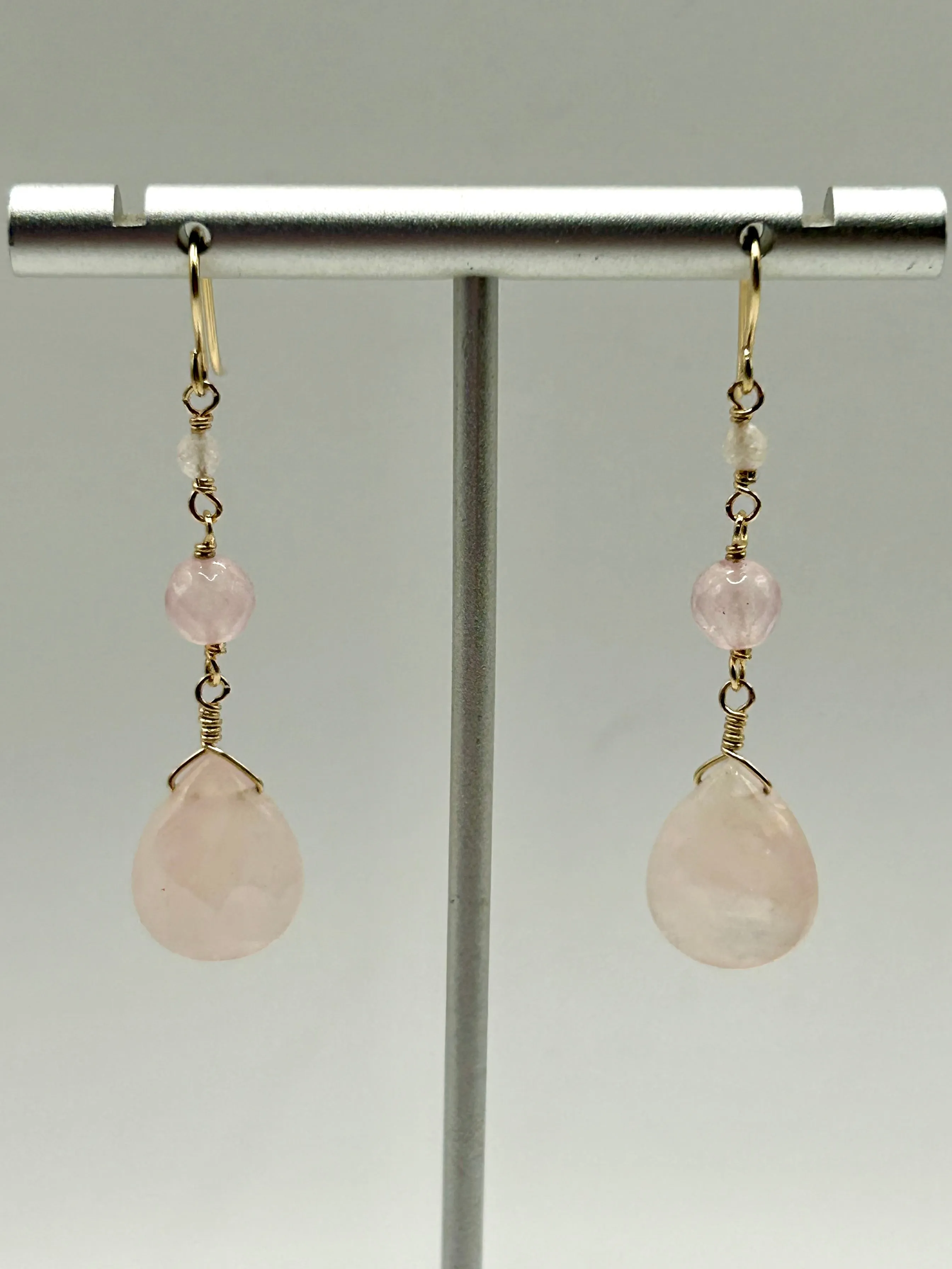 Rose Quartz & Morganite Gemstone 14k Gold Filled Dangly Earrings
