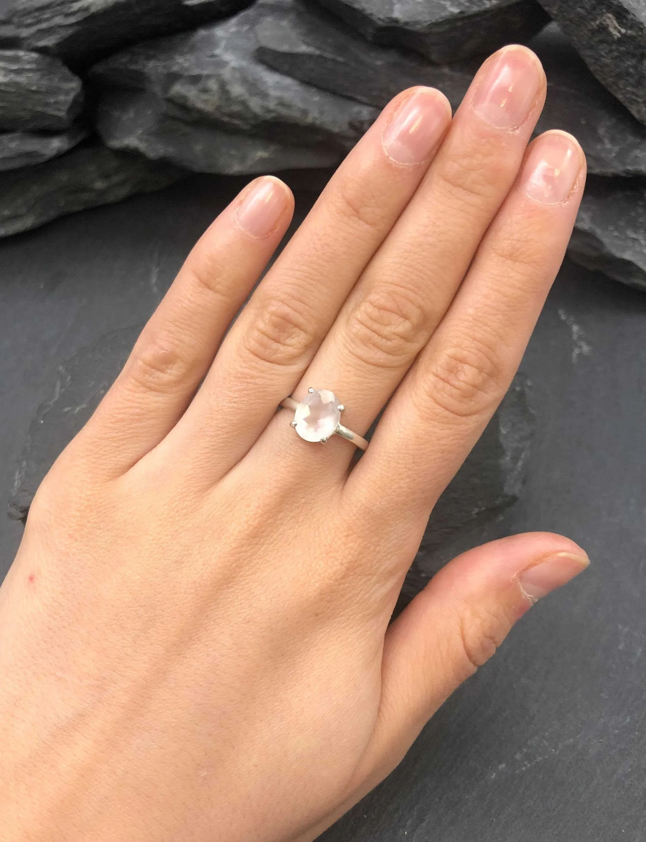 Rose Quartz Ring - Pink Solitaire Ring - Minimalist Oval Ring