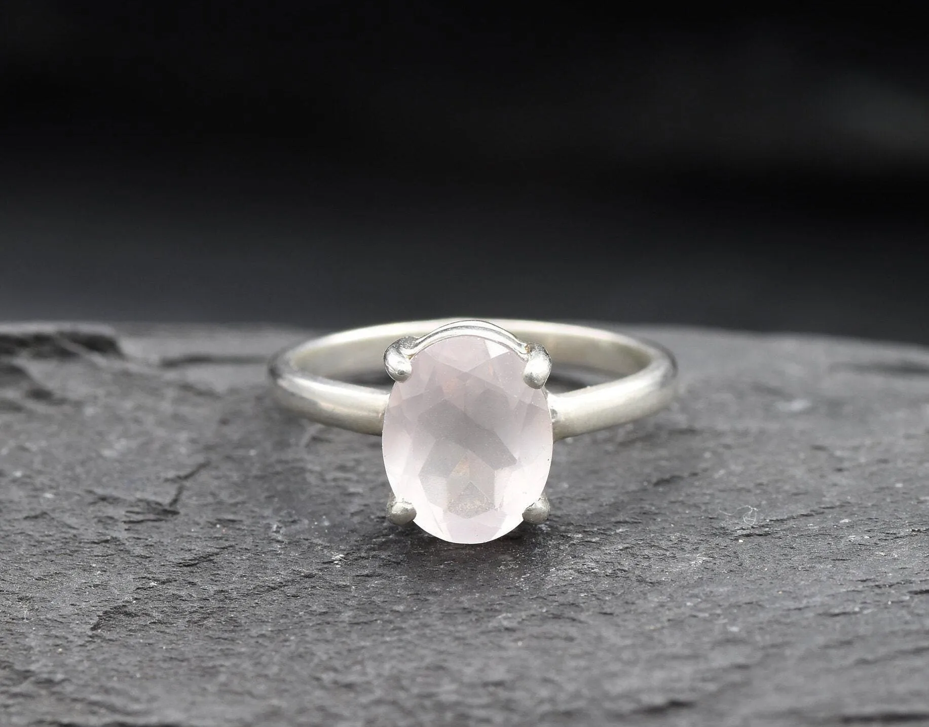 Rose Quartz Ring - Pink Solitaire Ring - Minimalist Oval Ring