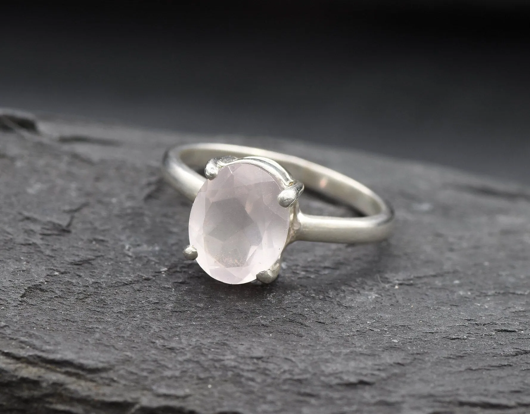 Rose Quartz Ring - Pink Solitaire Ring - Minimalist Oval Ring
