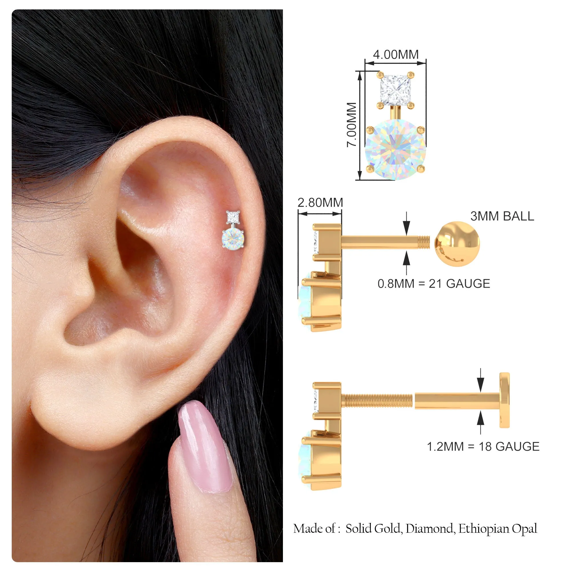 Round Ethiopian Opal Two Stone Helix Earring with Diamond