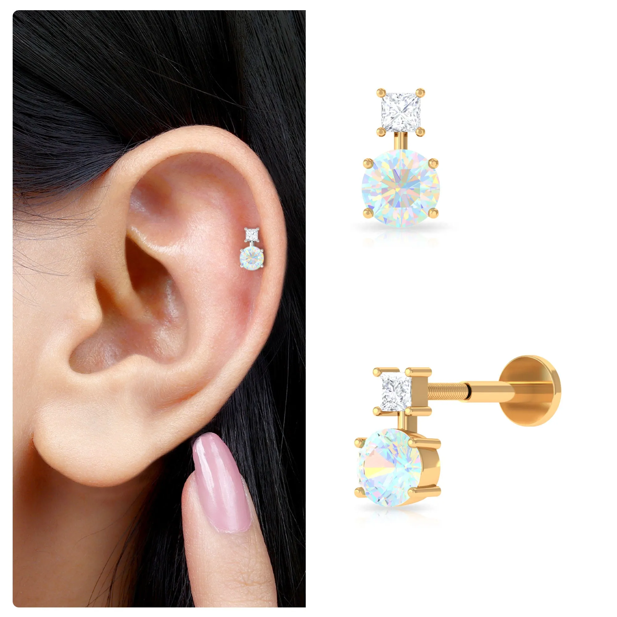 Round Ethiopian Opal Two Stone Helix Earring with Diamond