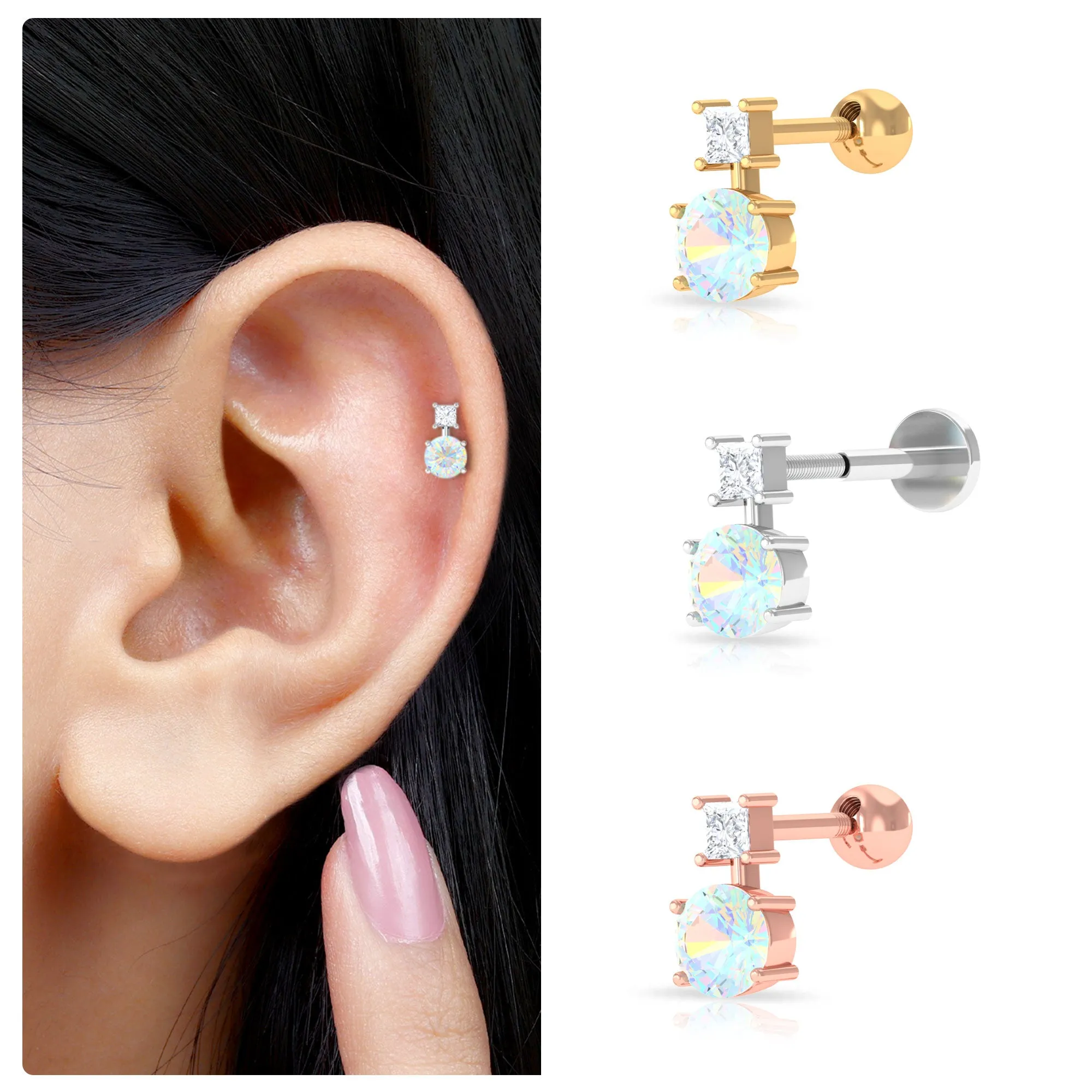 Round Ethiopian Opal Two Stone Helix Earring with Diamond