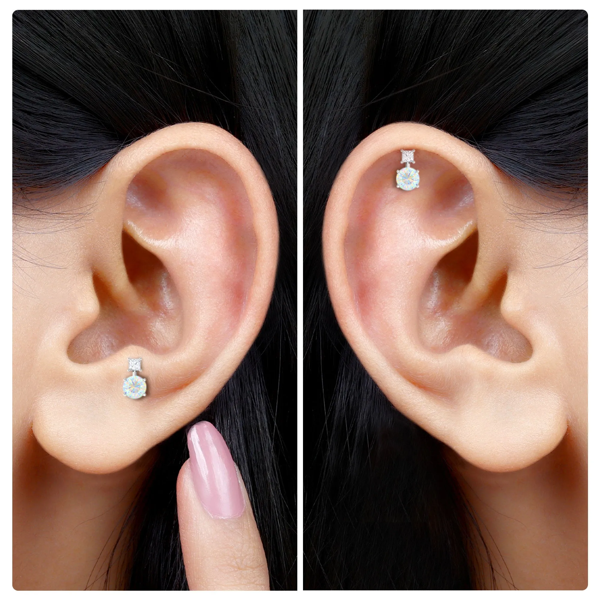 Round Ethiopian Opal Two Stone Helix Earring with Diamond