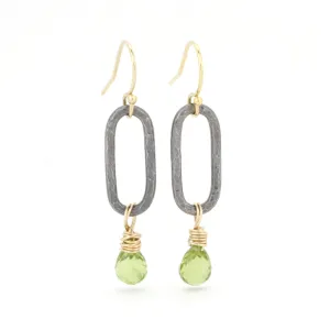 Silver and Gold Oval and Green Peridot Drop Earrings