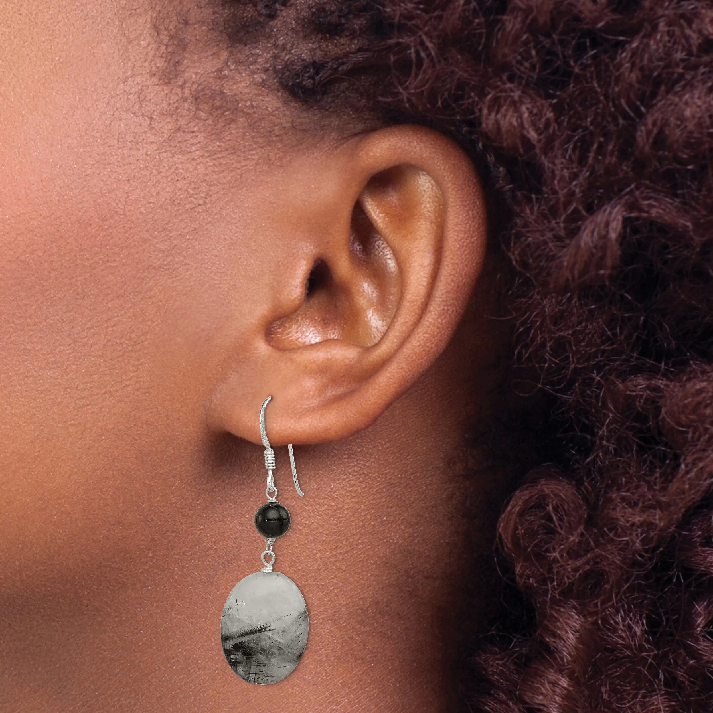 Silver Black Crystal Tourmalinated Earrings