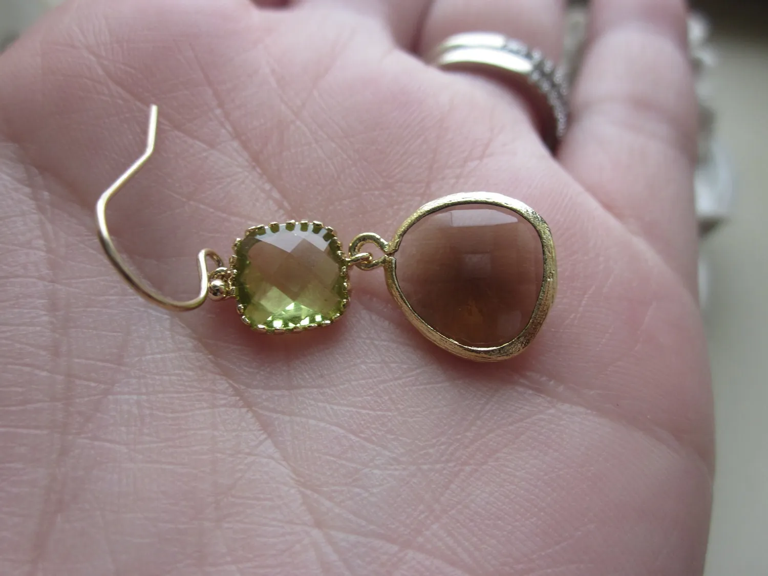 Smoky Brown Earrings Apple Green Two Tier -  Bridesmaid Earrings - Bridal Earrings - Wedding Jewelry