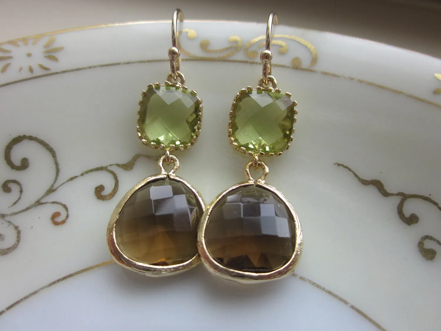 Smoky Brown Earrings Apple Green Two Tier -  Bridesmaid Earrings - Bridal Earrings - Wedding Jewelry