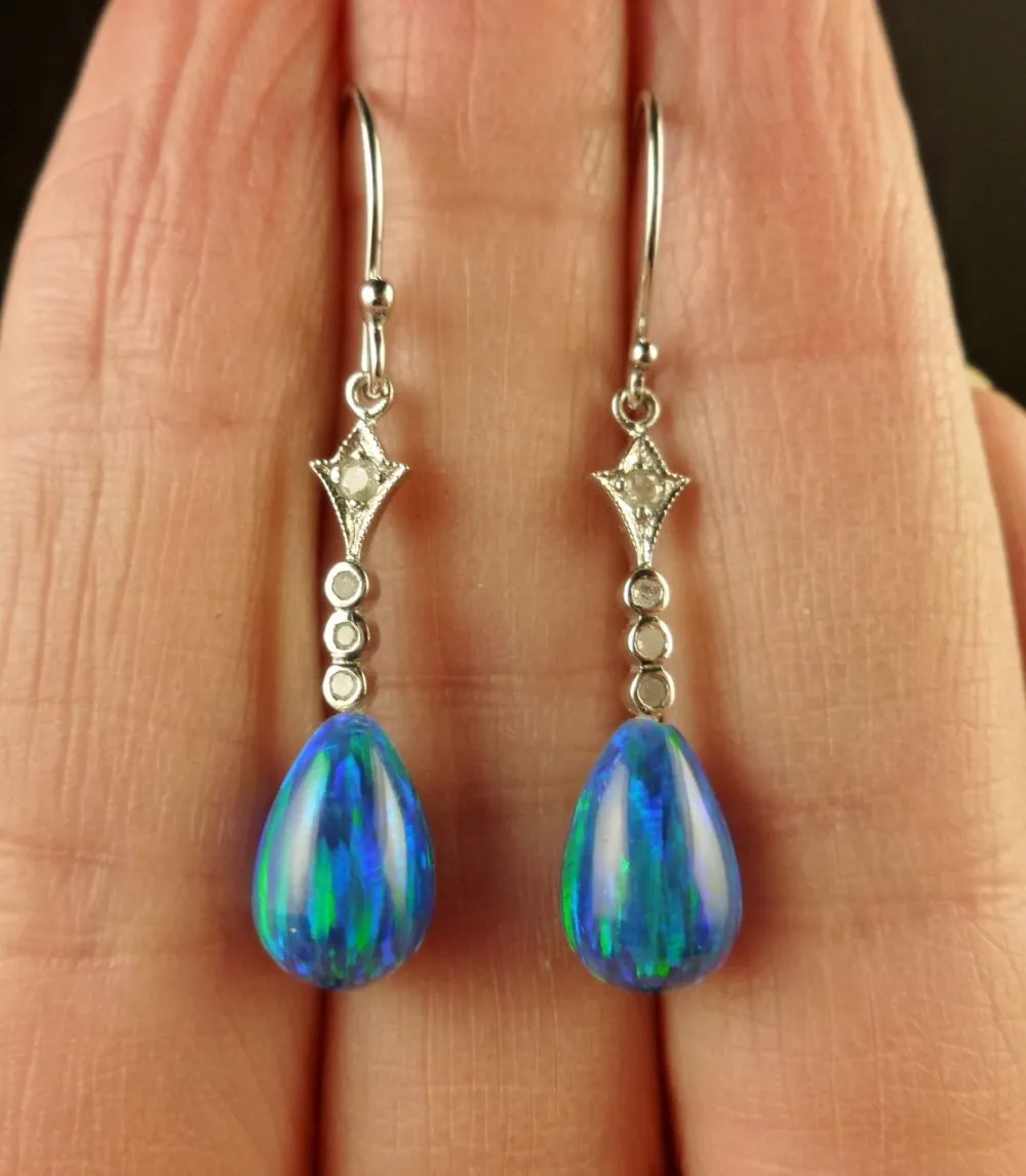 Spectacular Opal & Diamond White Gold Long Earrings