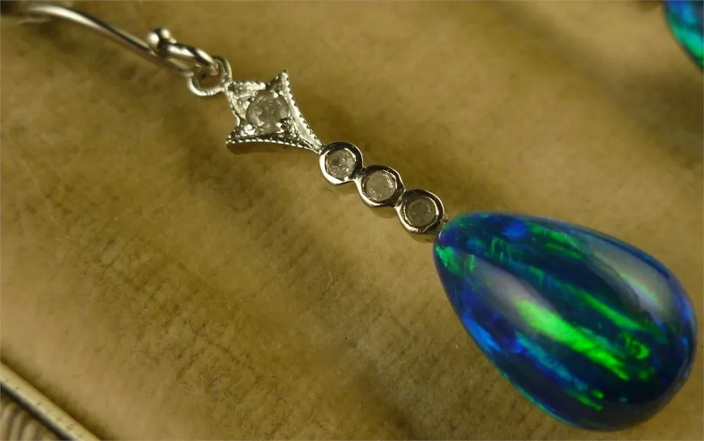 Spectacular Opal & Diamond White Gold Long Earrings