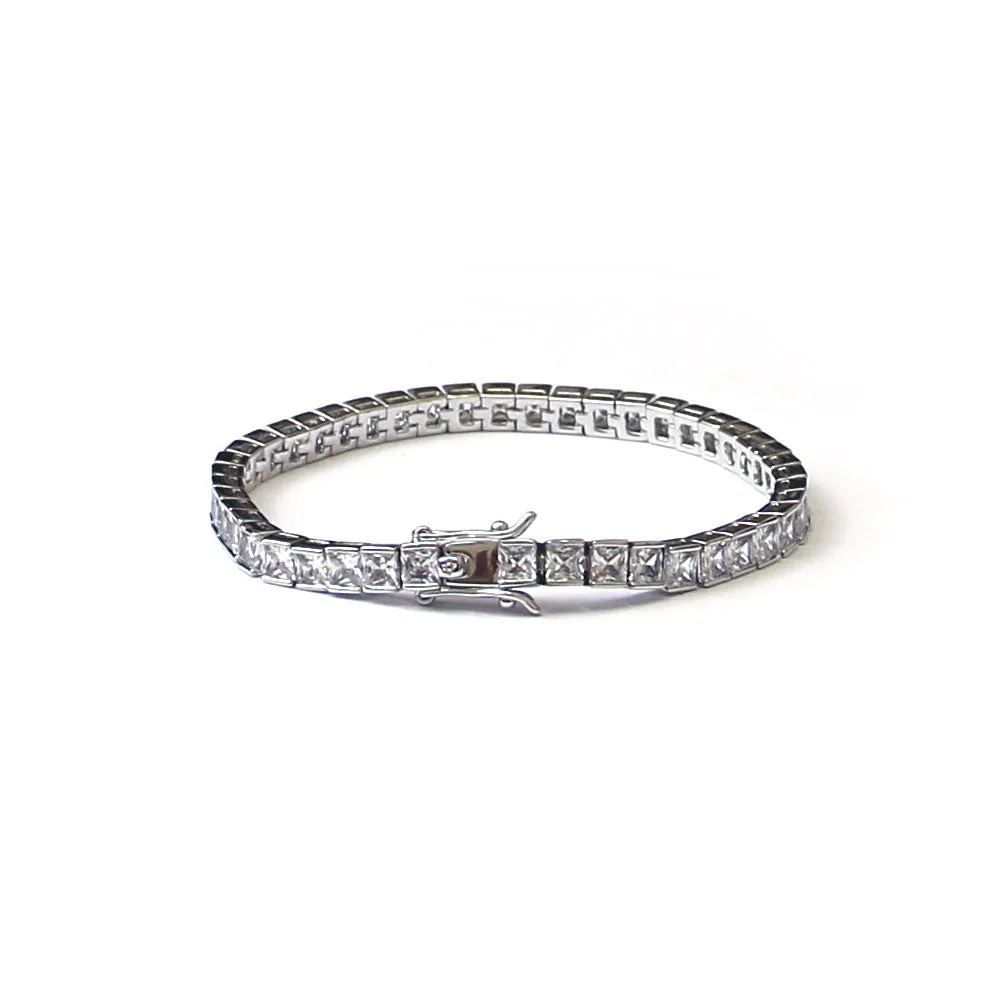 Square Cut CZ Tennis Bracelet in 18k Platinum Plated 4mm x 7.5 Inches