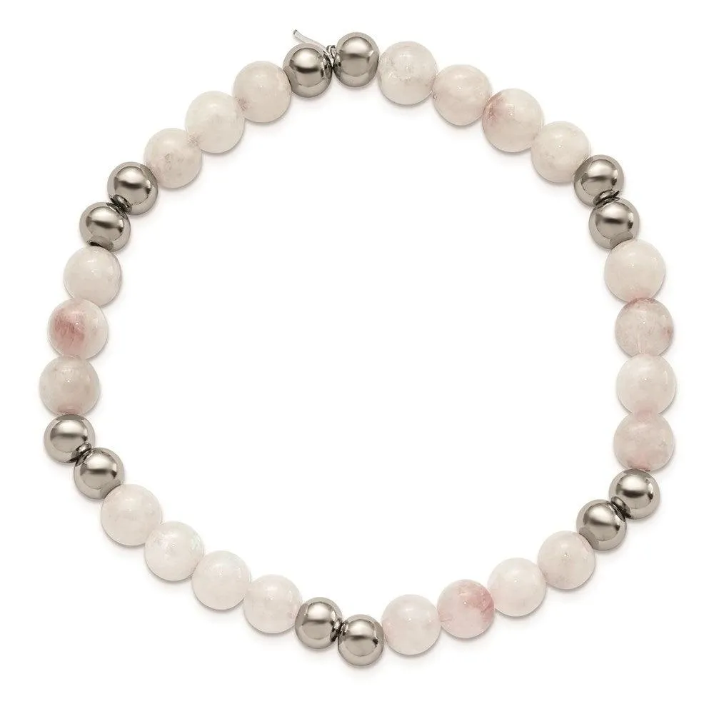 Stainless Steel Polished White Moonstone Beaded Stretch Bracelet