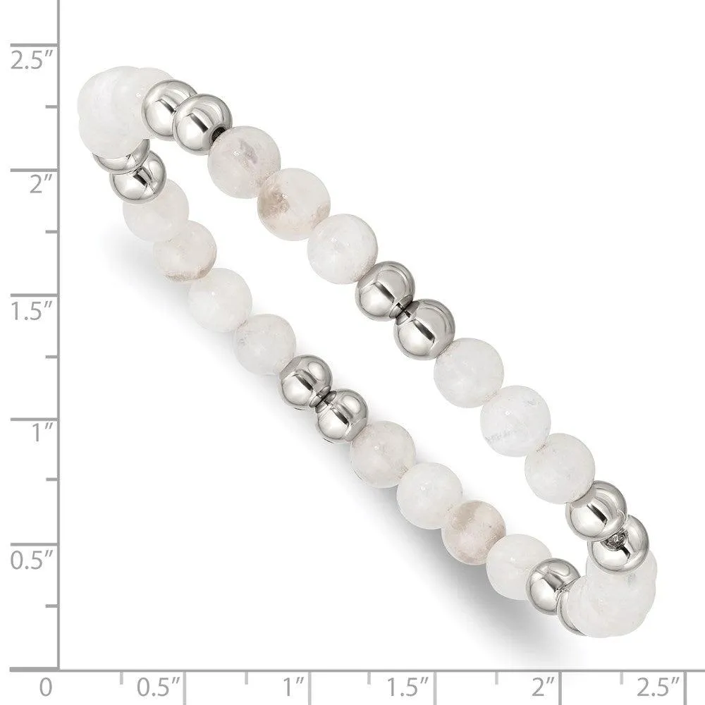 Stainless Steel Polished White Moonstone Beaded Stretch Bracelet
