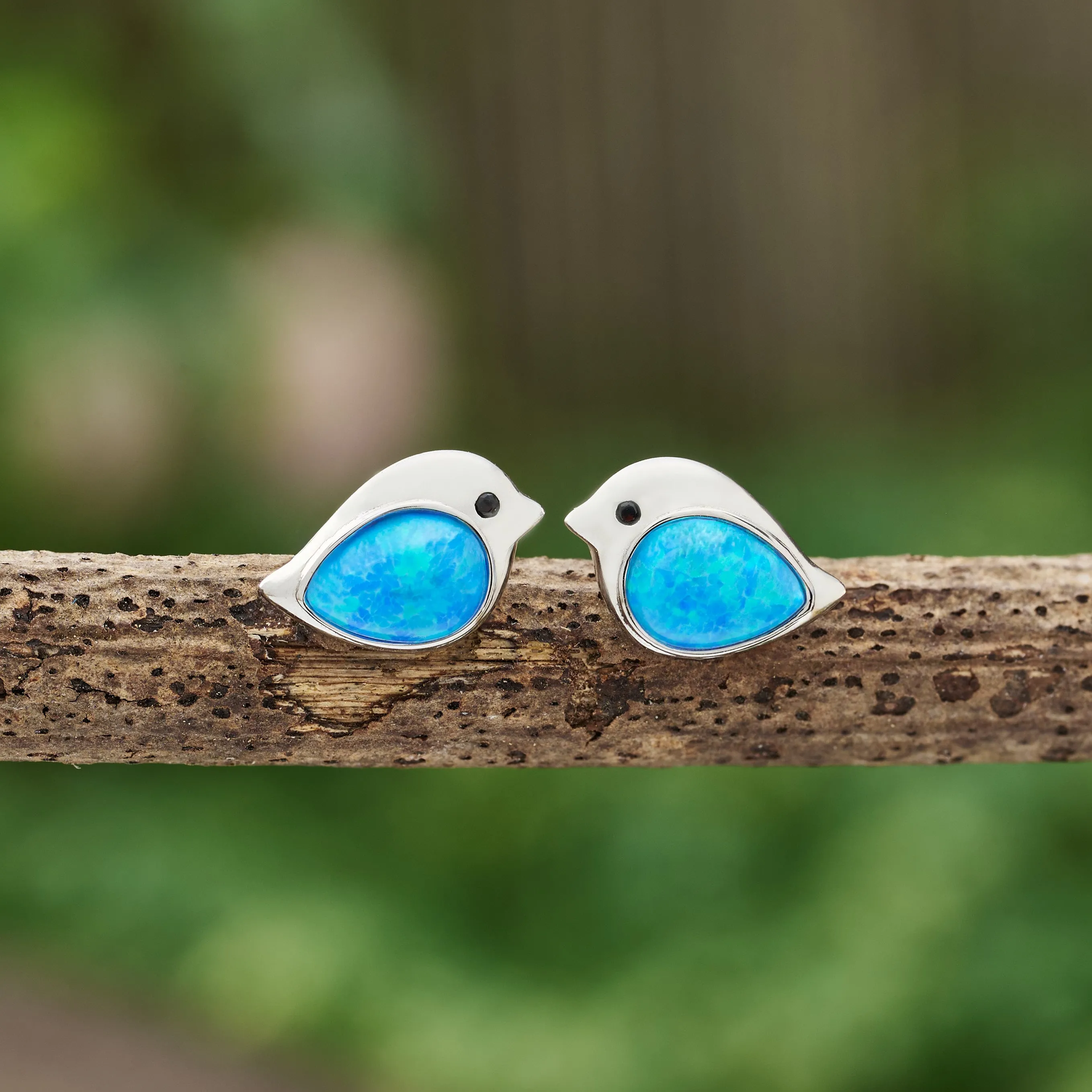 Sterling Silver Blue Opal Birdie Studs