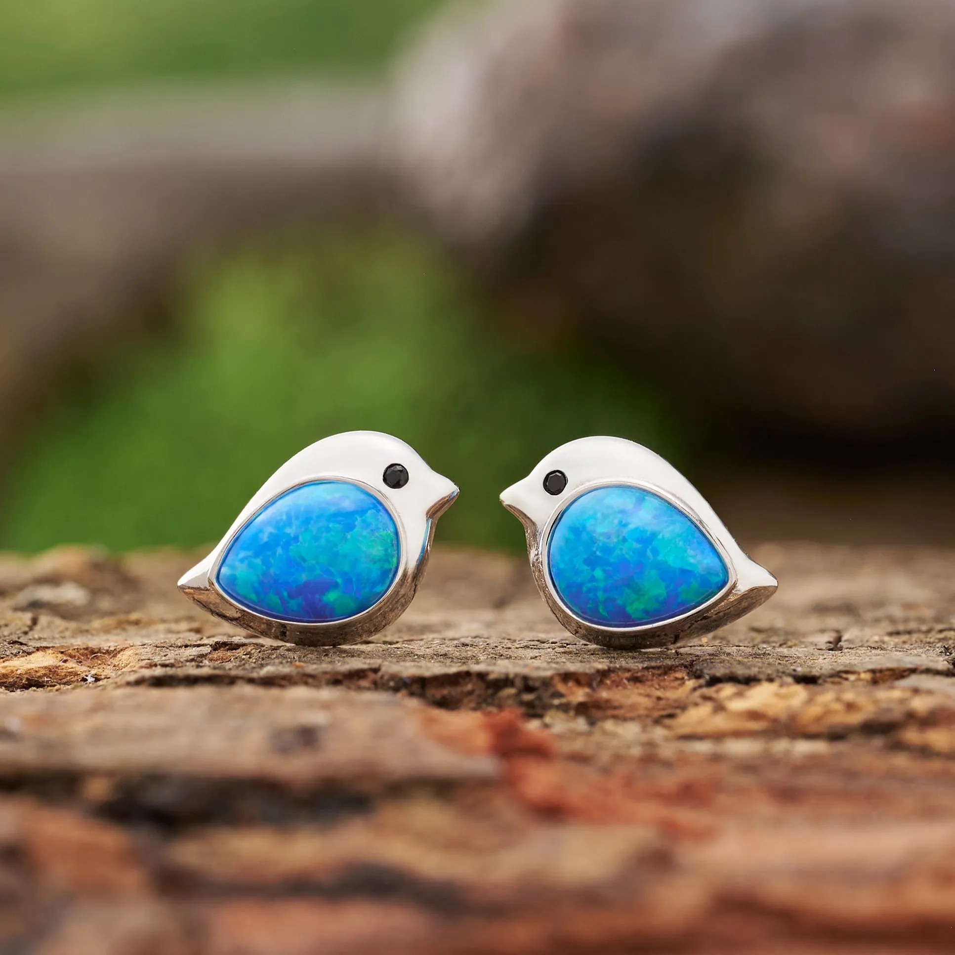 Sterling Silver Blue Opal Birdie Studs