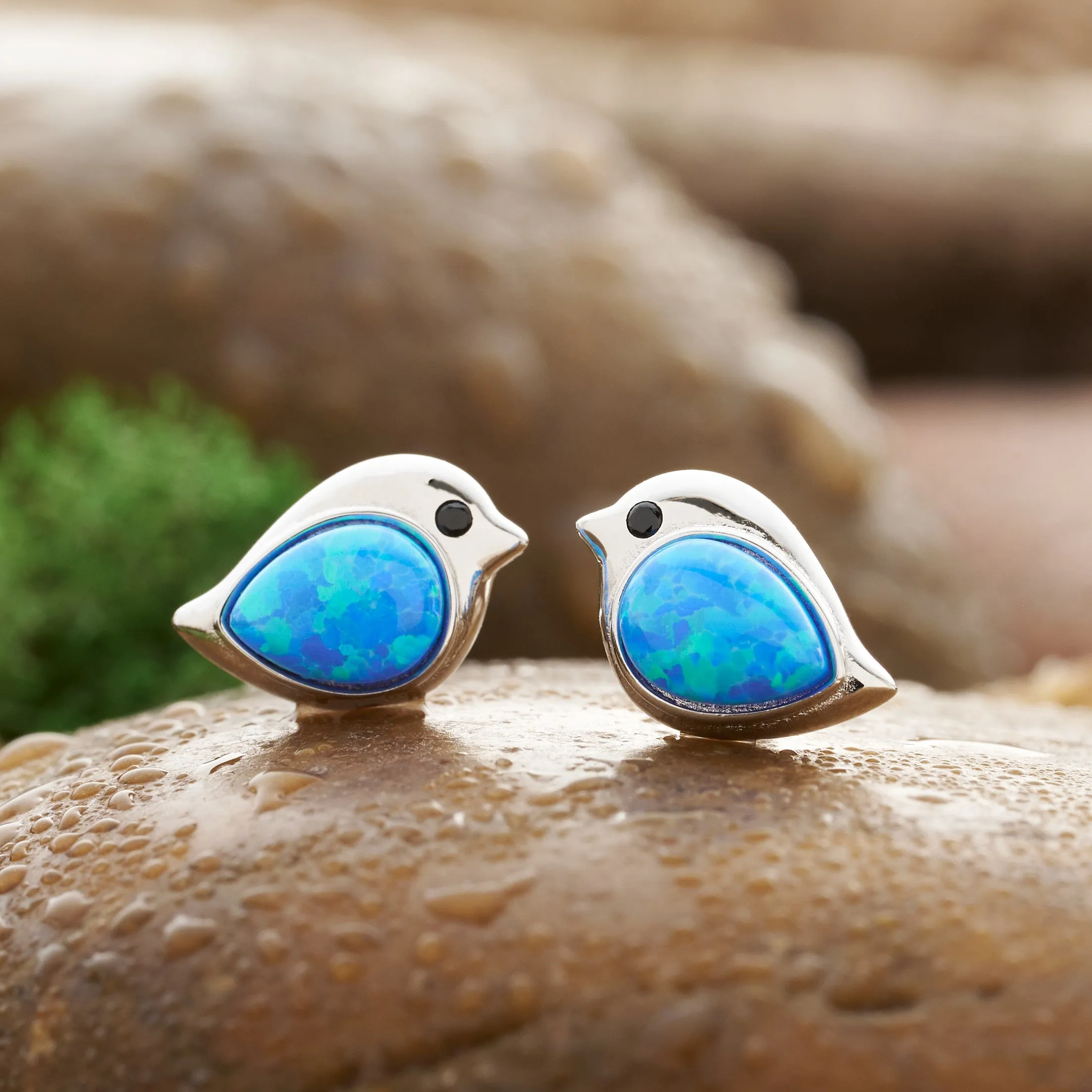 Sterling Silver Blue Opal Birdie Studs