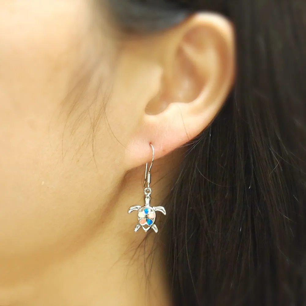 Sterling Silver Synthetic Opal Turtle Plumeria Dangle Earrings
