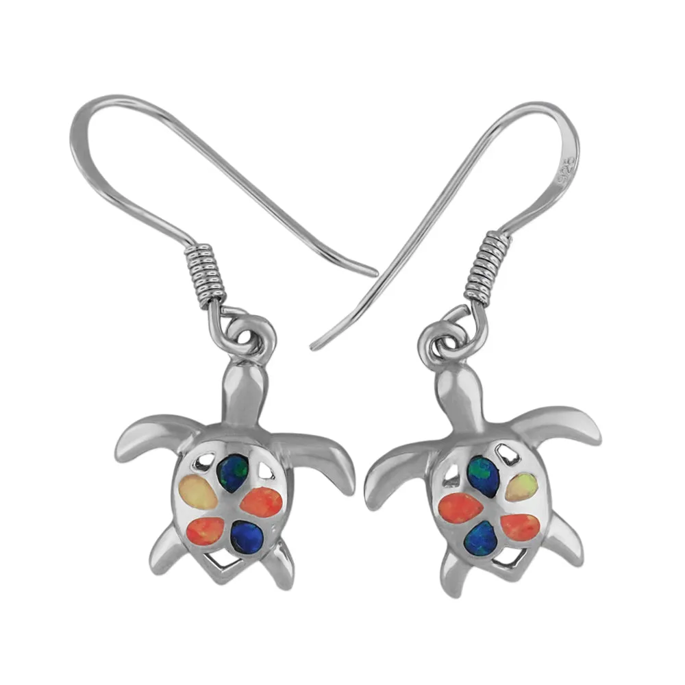 Sterling Silver Synthetic Opal Turtle Plumeria Dangle Earrings