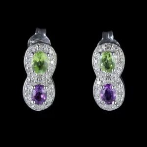 Suffragette Earrings 9Ct White Gold Amethyst Peridot Diamond