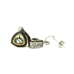 Trillion Green Amethyst Dangle Earrings with 14K Yellow Gold Accent in Sterling Silver