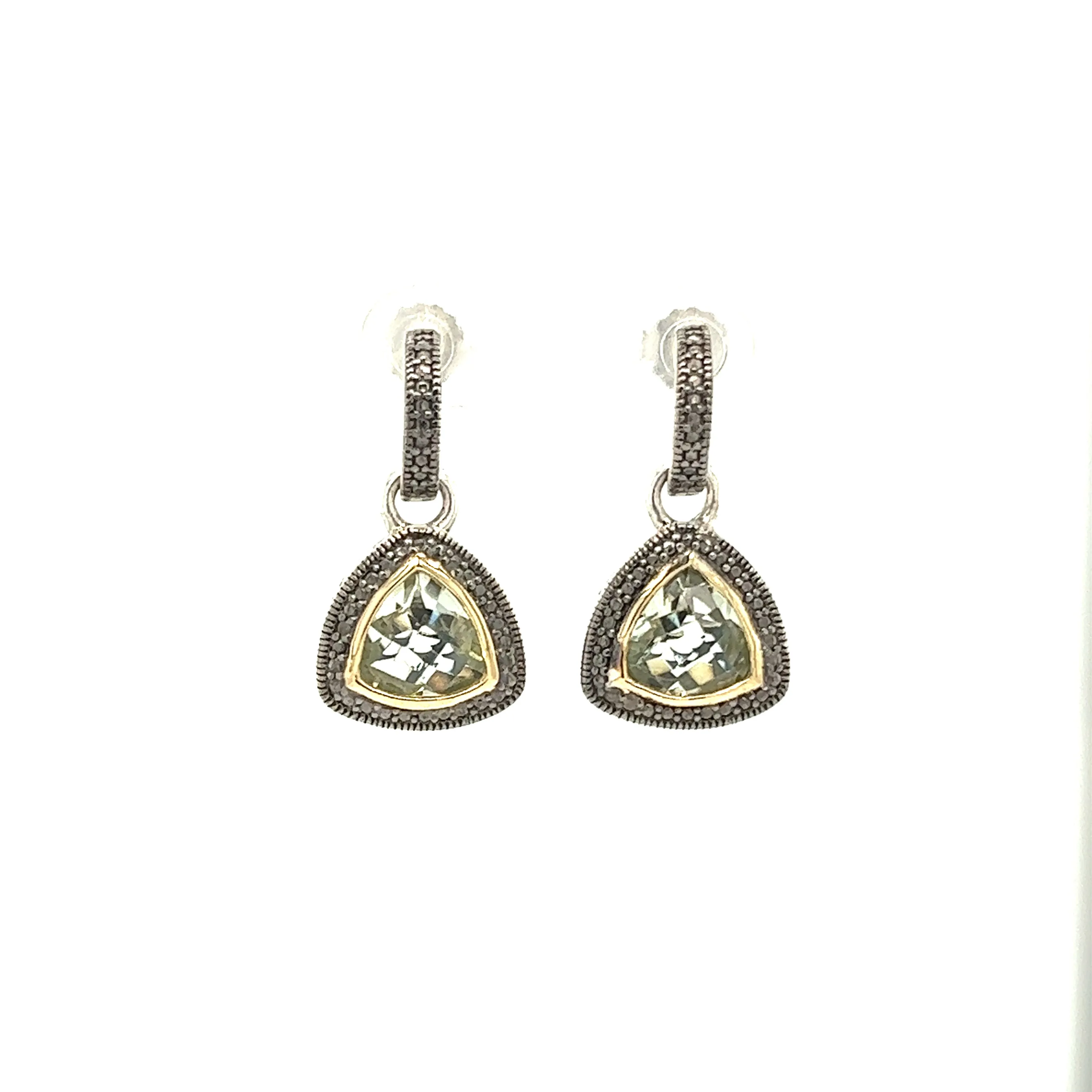 Trillion Green Amethyst Dangle Earrings with 14K Yellow Gold Accent in Sterling Silver