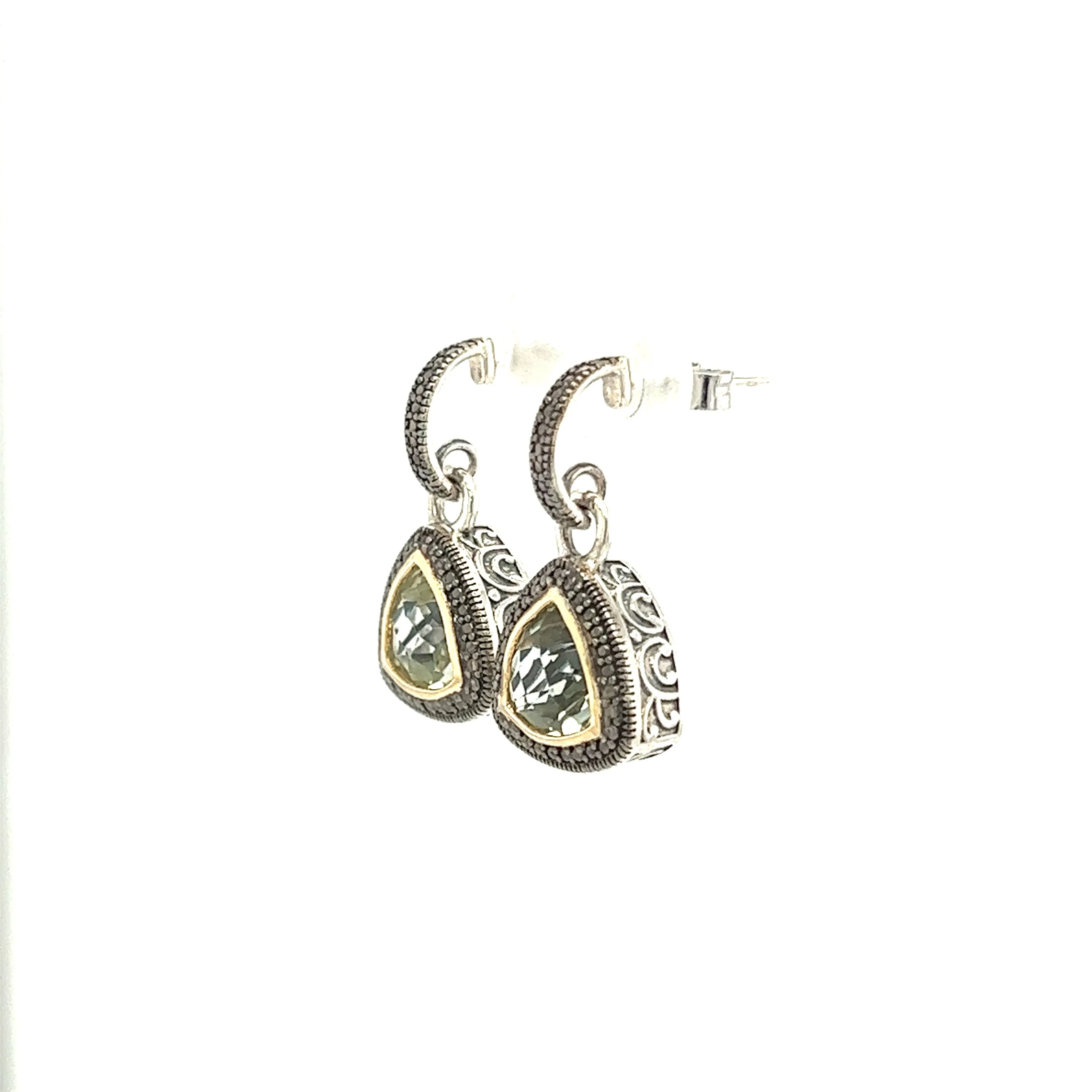 Trillion Green Amethyst Dangle Earrings with 14K Yellow Gold Accent in Sterling Silver