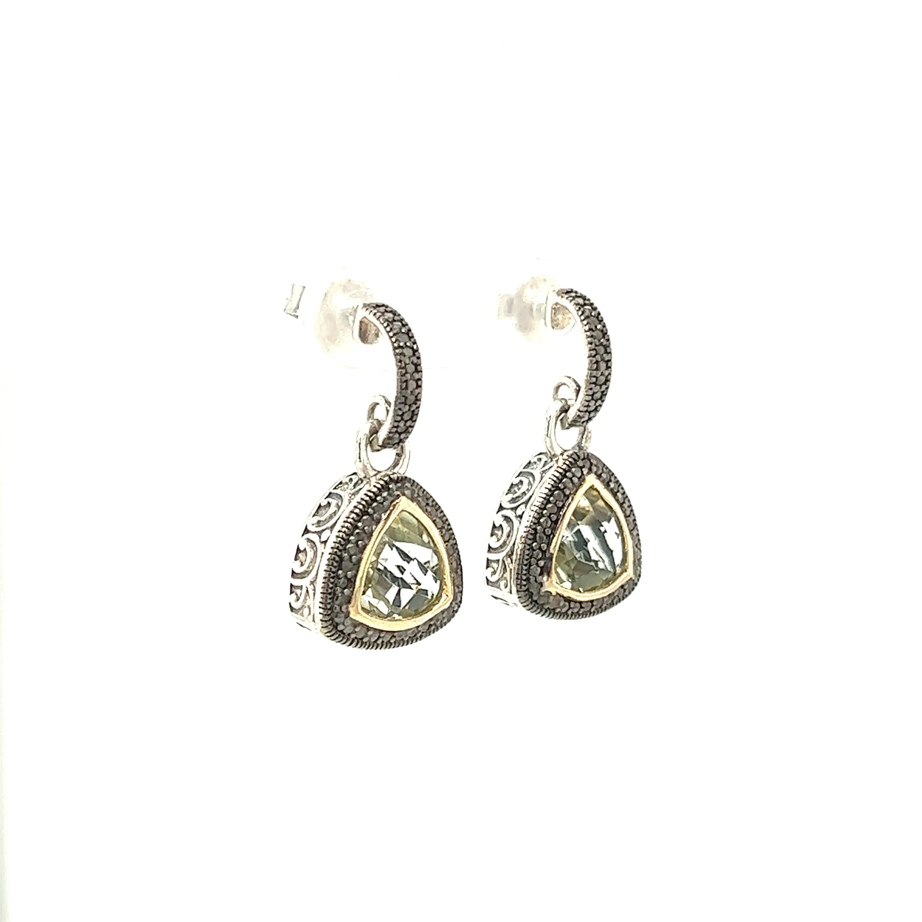 Trillion Green Amethyst Dangle Earrings with 14K Yellow Gold Accent in Sterling Silver