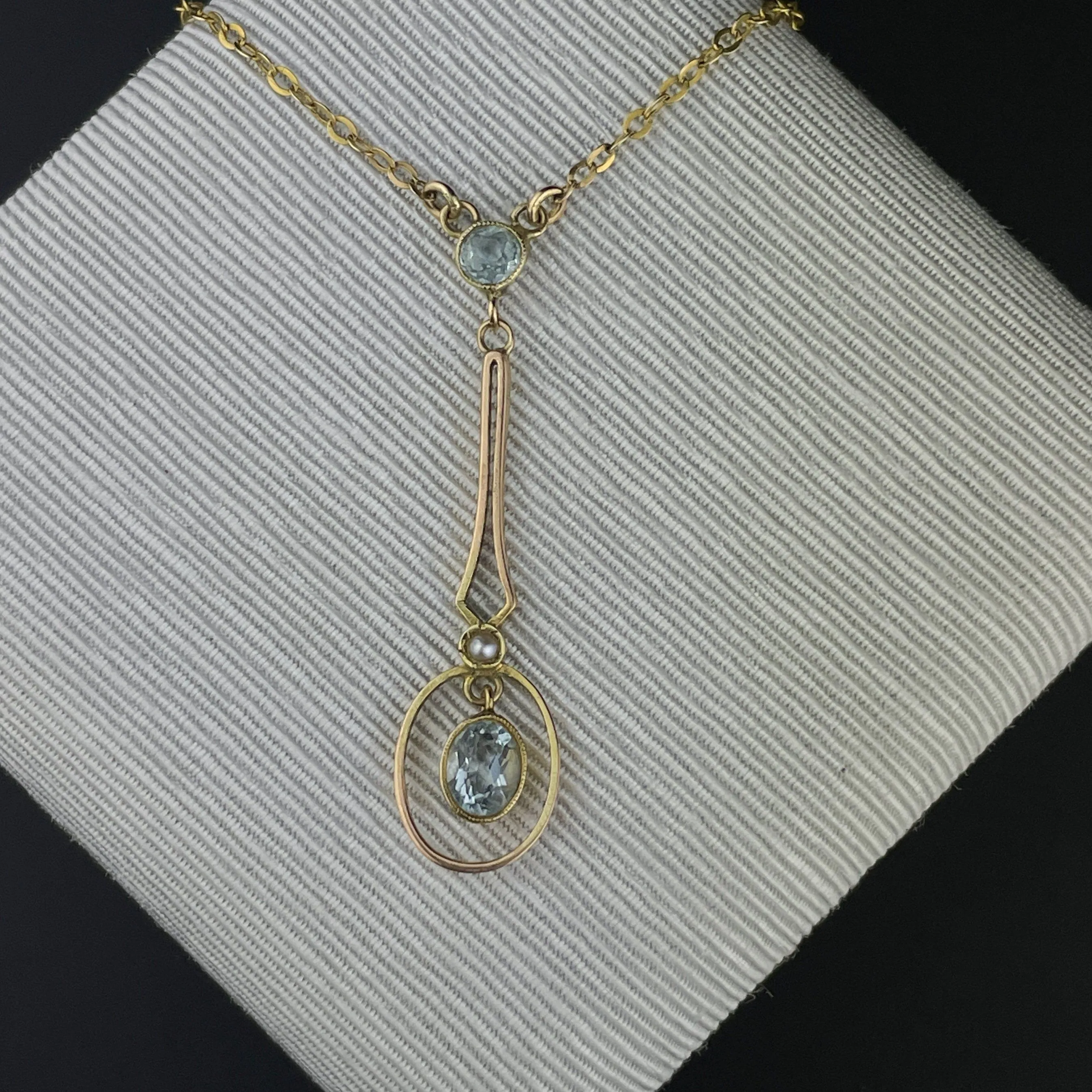 Vintage Edwardian Pearl Aquamarine Target Pendant Necklace
