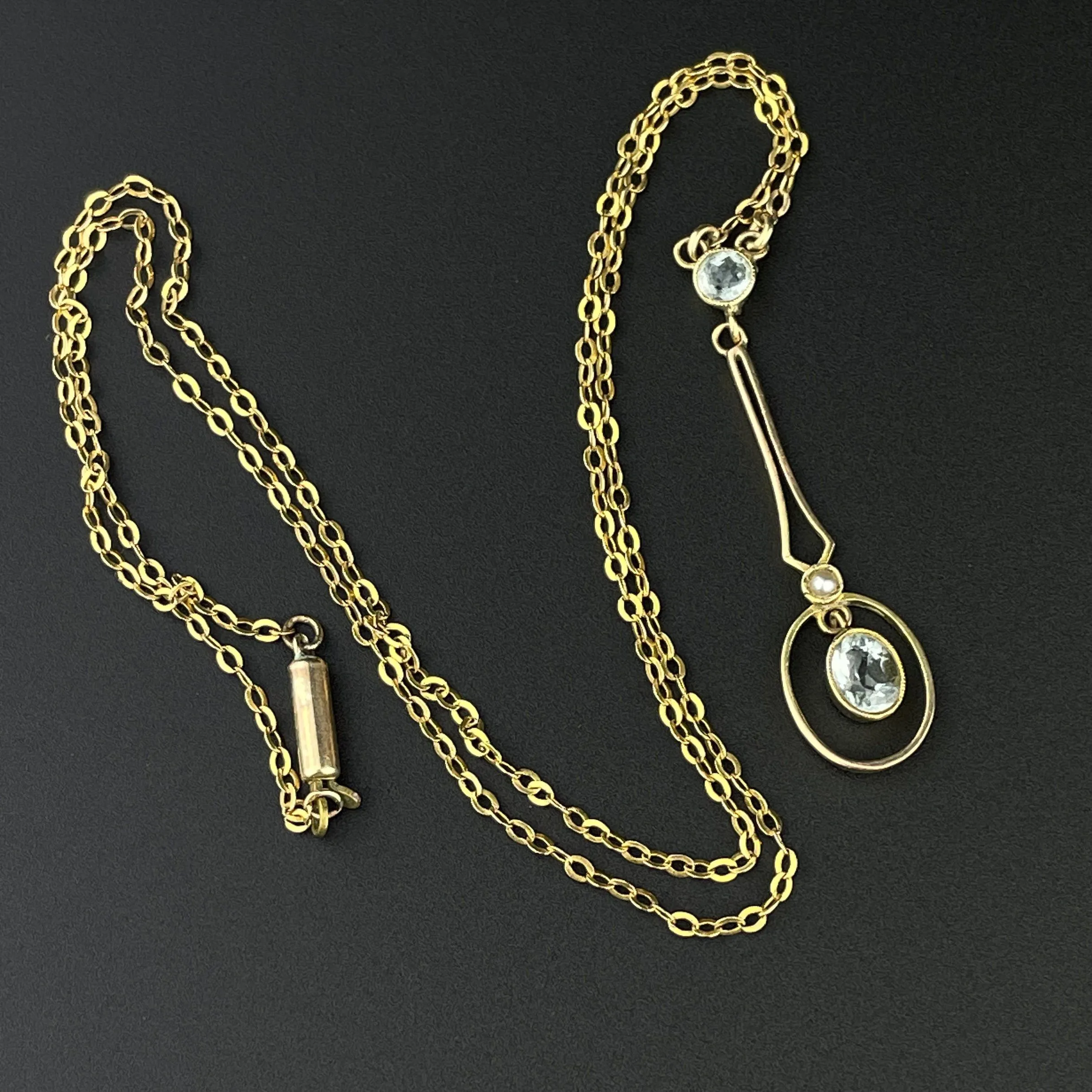 Vintage Edwardian Pearl Aquamarine Target Pendant Necklace