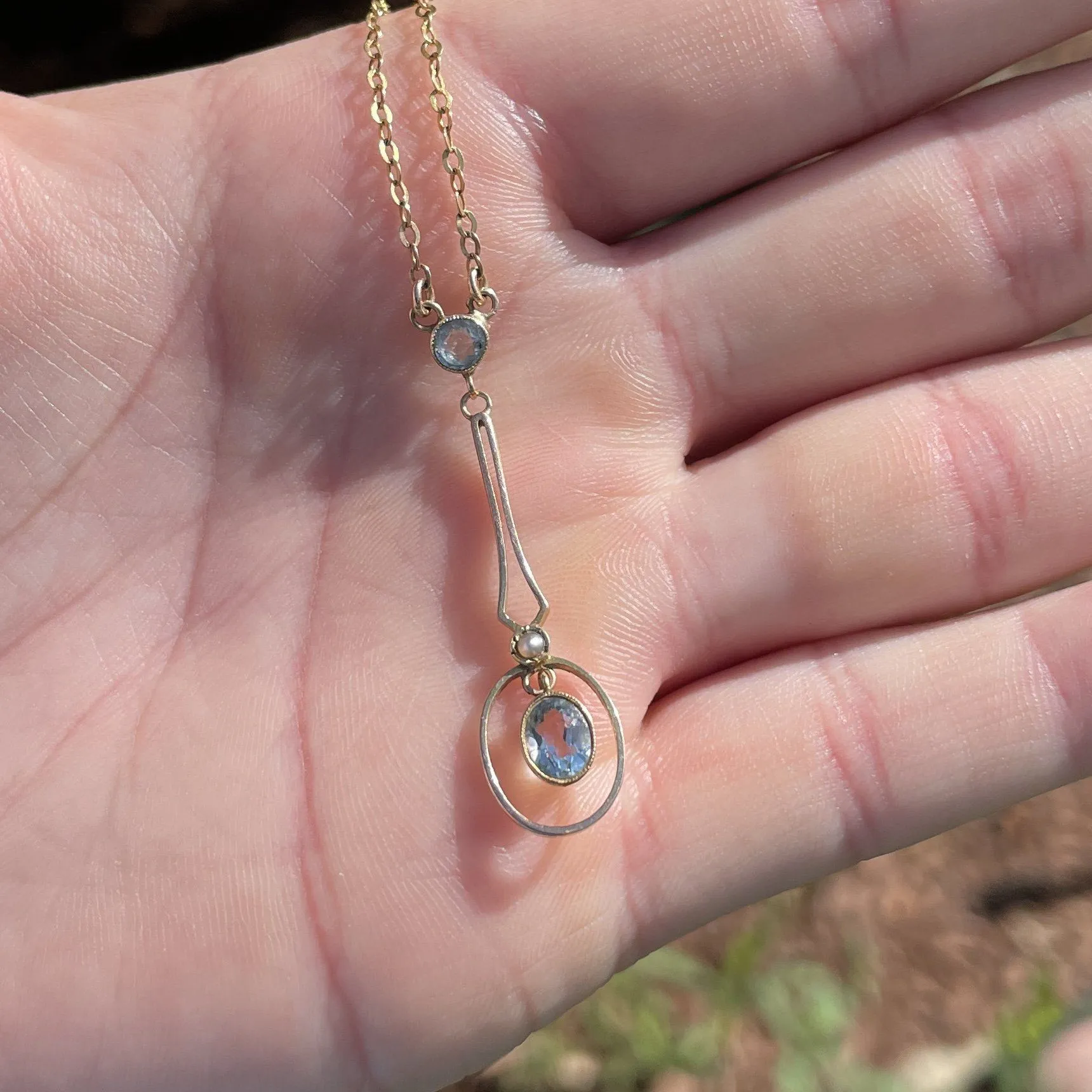 Vintage Edwardian Pearl Aquamarine Target Pendant Necklace
