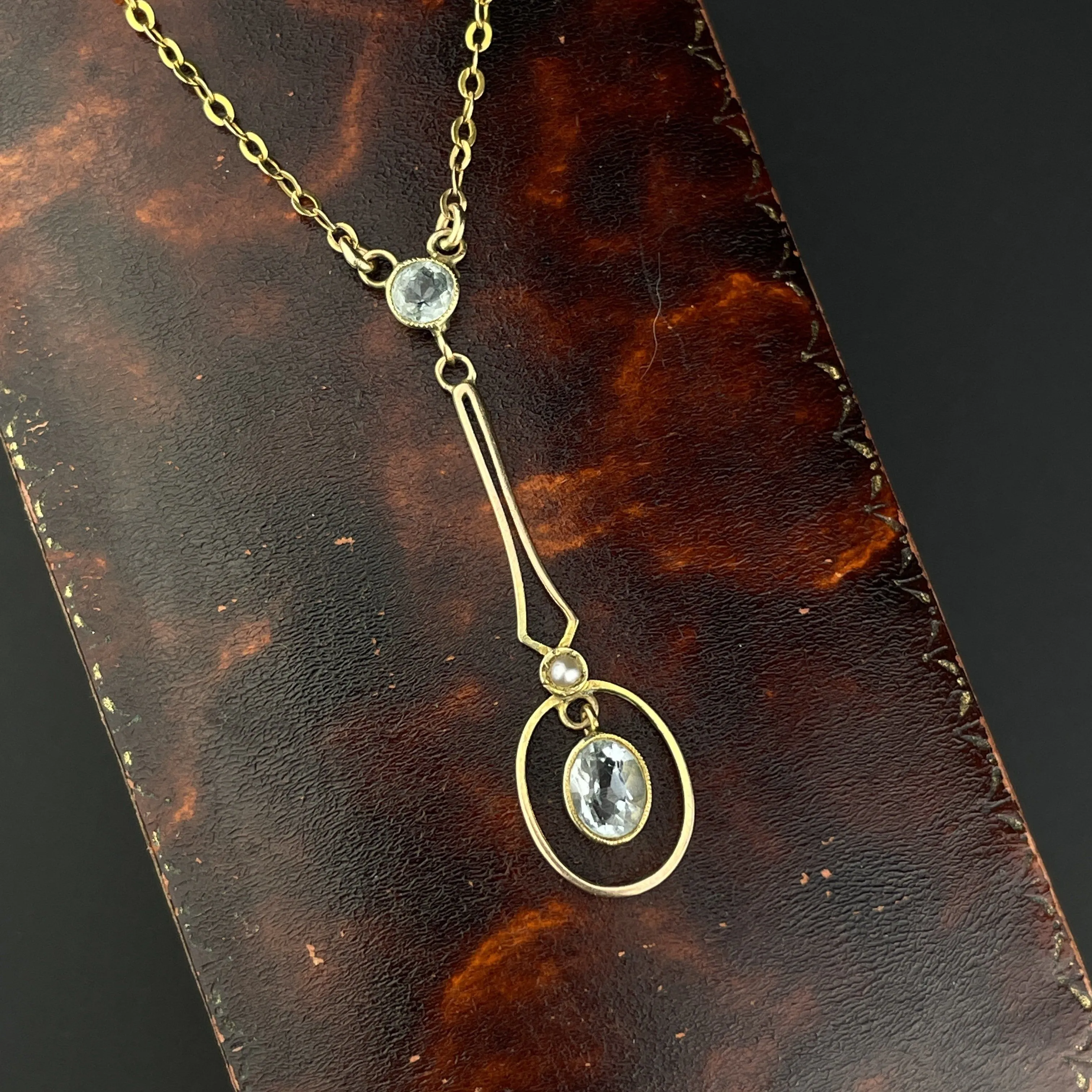 Vintage Edwardian Pearl Aquamarine Target Pendant Necklace