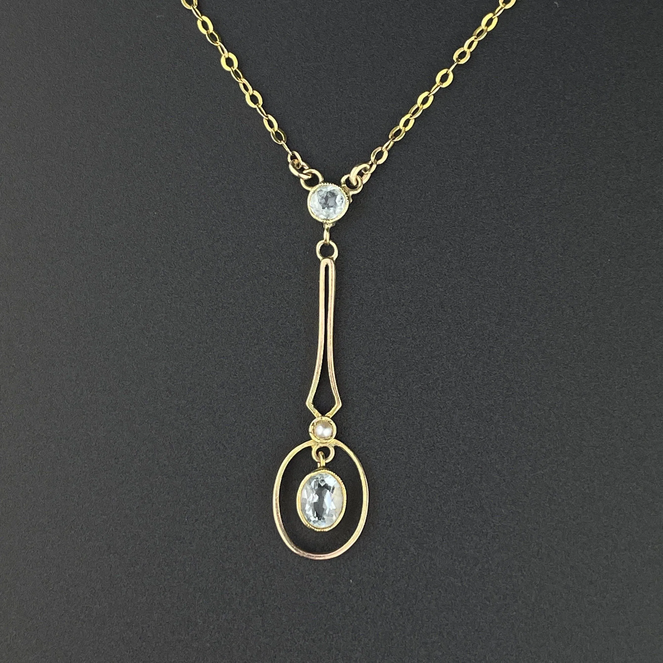 Vintage Edwardian Pearl Aquamarine Target Pendant Necklace