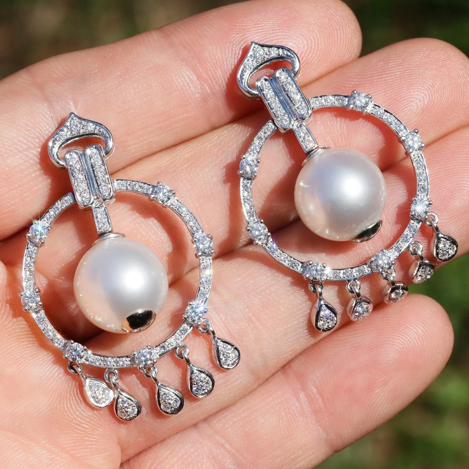 Vintage South Sea Pearl Chandelier Earrings with Diamonds White Gold