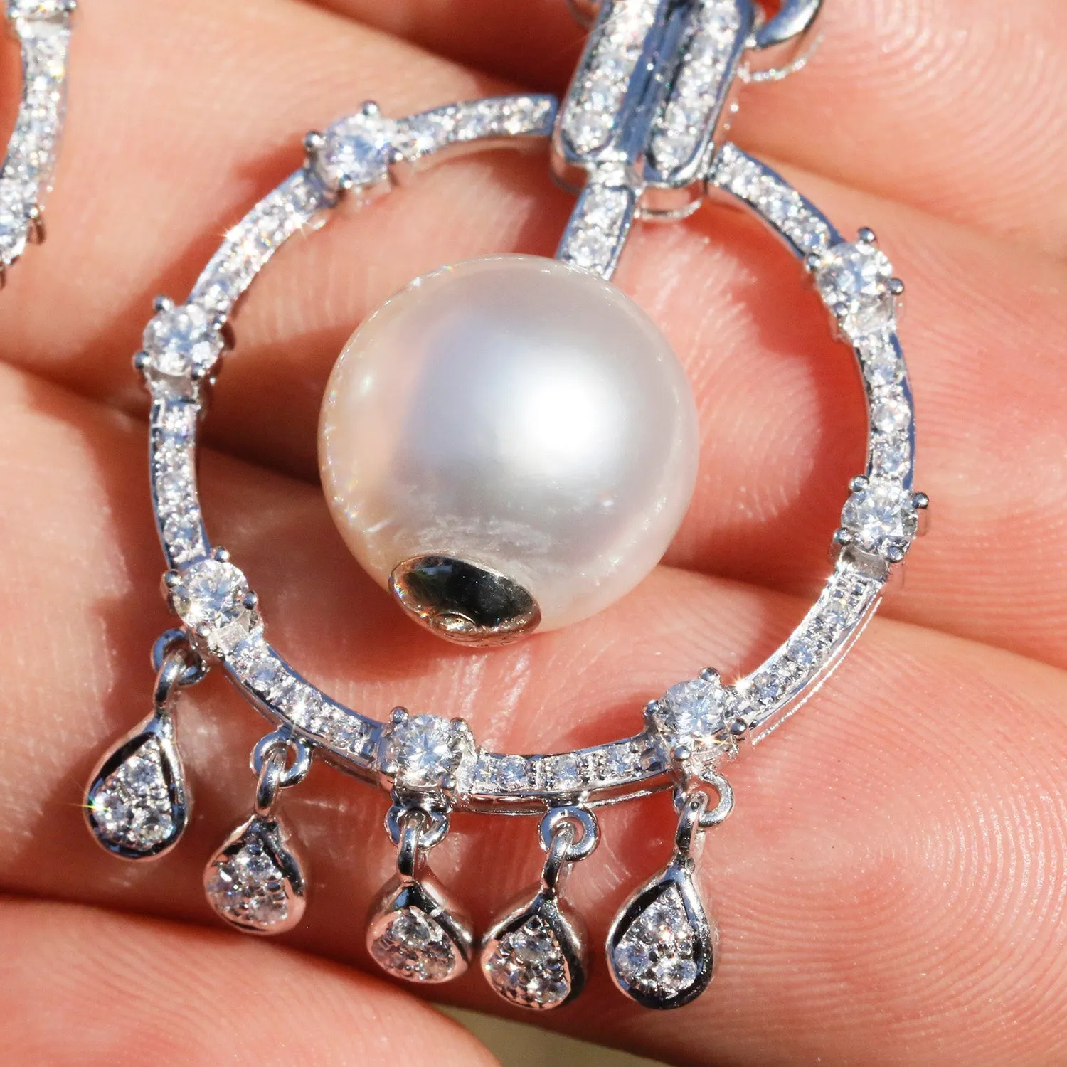 Vintage South Sea Pearl Chandelier Earrings with Diamonds White Gold