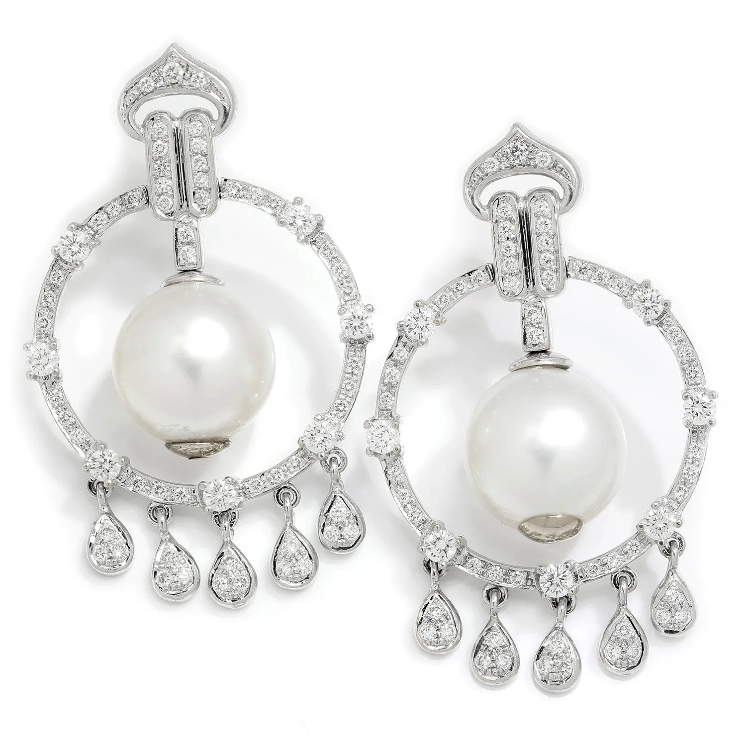 Vintage South Sea Pearl Chandelier Earrings with Diamonds White Gold