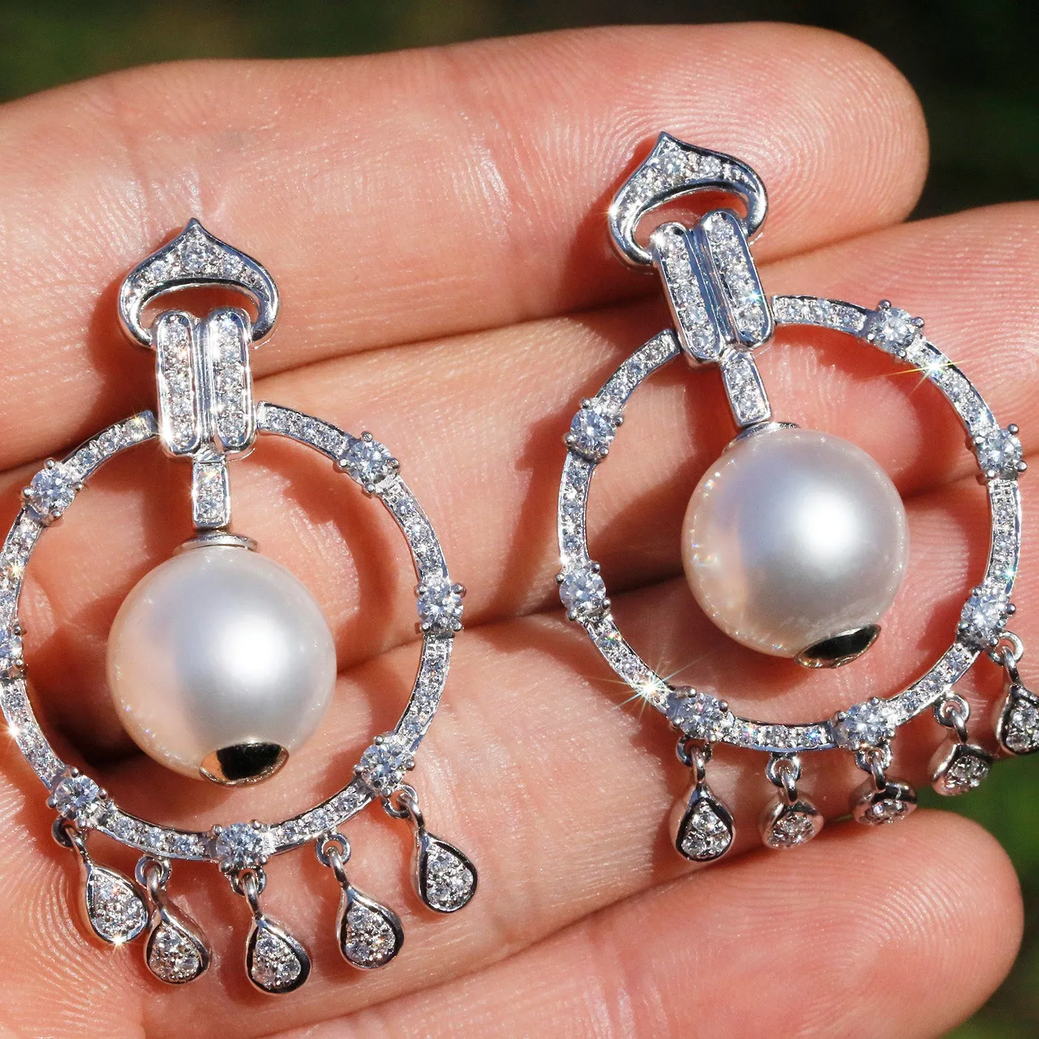 Vintage South Sea Pearl Chandelier Earrings with Diamonds White Gold