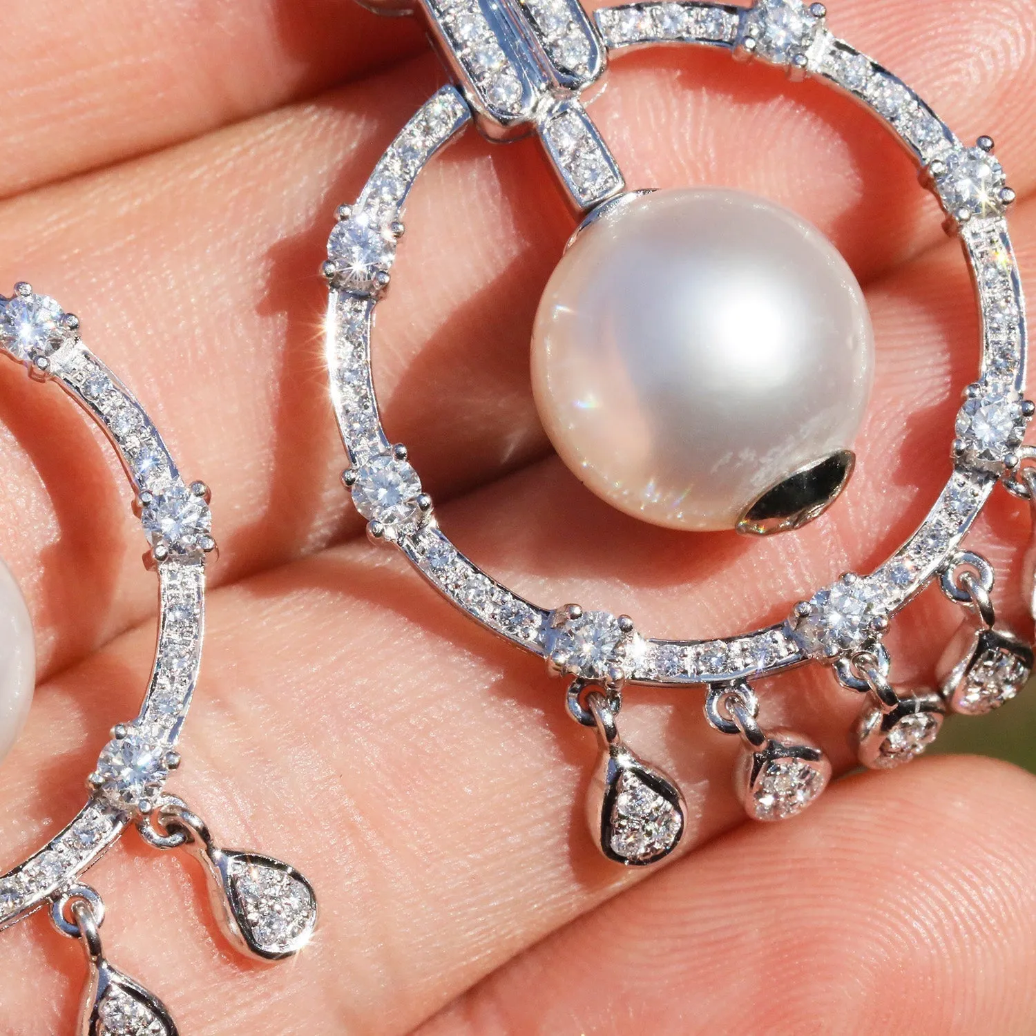 Vintage South Sea Pearl Chandelier Earrings with Diamonds White Gold