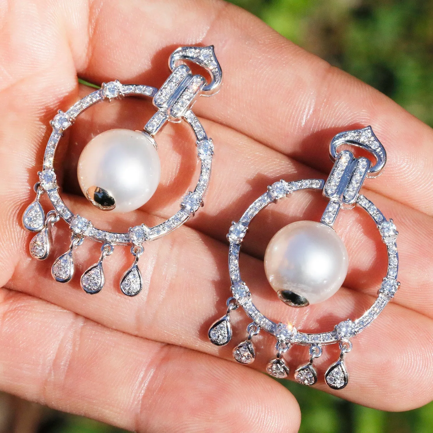 Vintage South Sea Pearl Chandelier Earrings with Diamonds White Gold