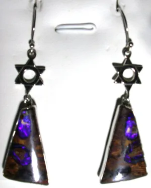 Violet wood pipes solid boulder opal drop earrings