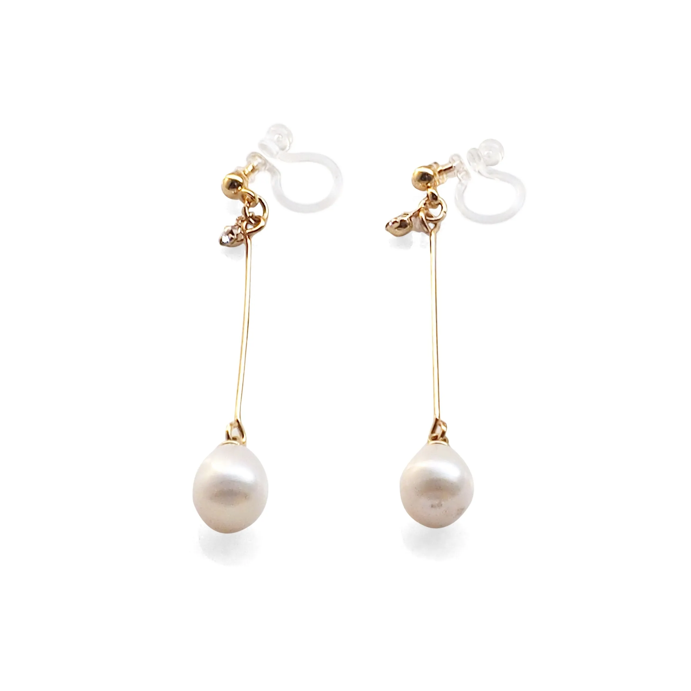 White Teardrop Freshwater Pearl Invisible Clip On Earrings (Gold tone)