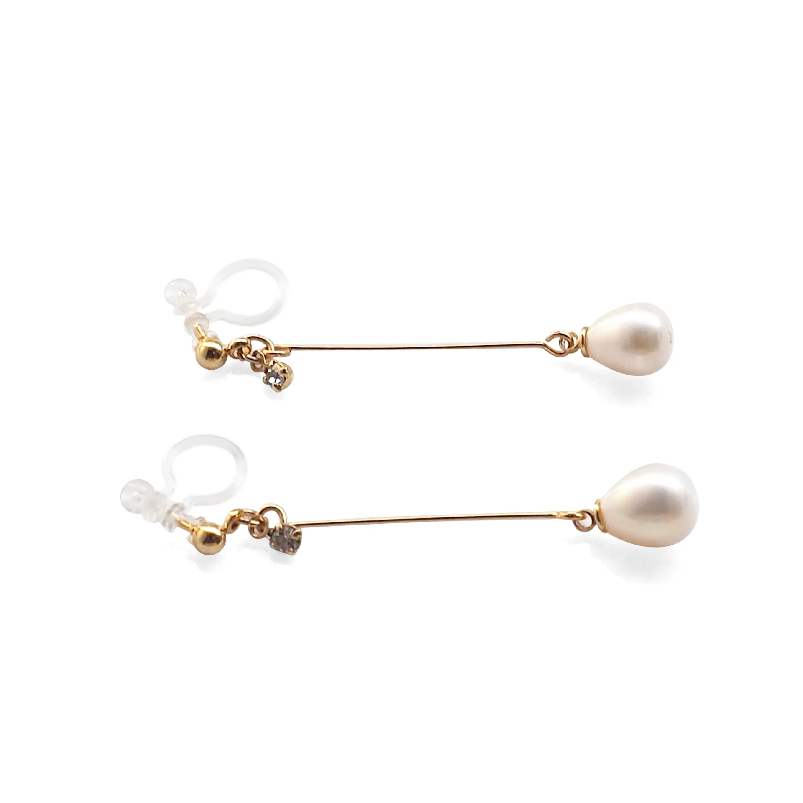 White Teardrop Freshwater Pearl Invisible Clip On Earrings (Gold tone)