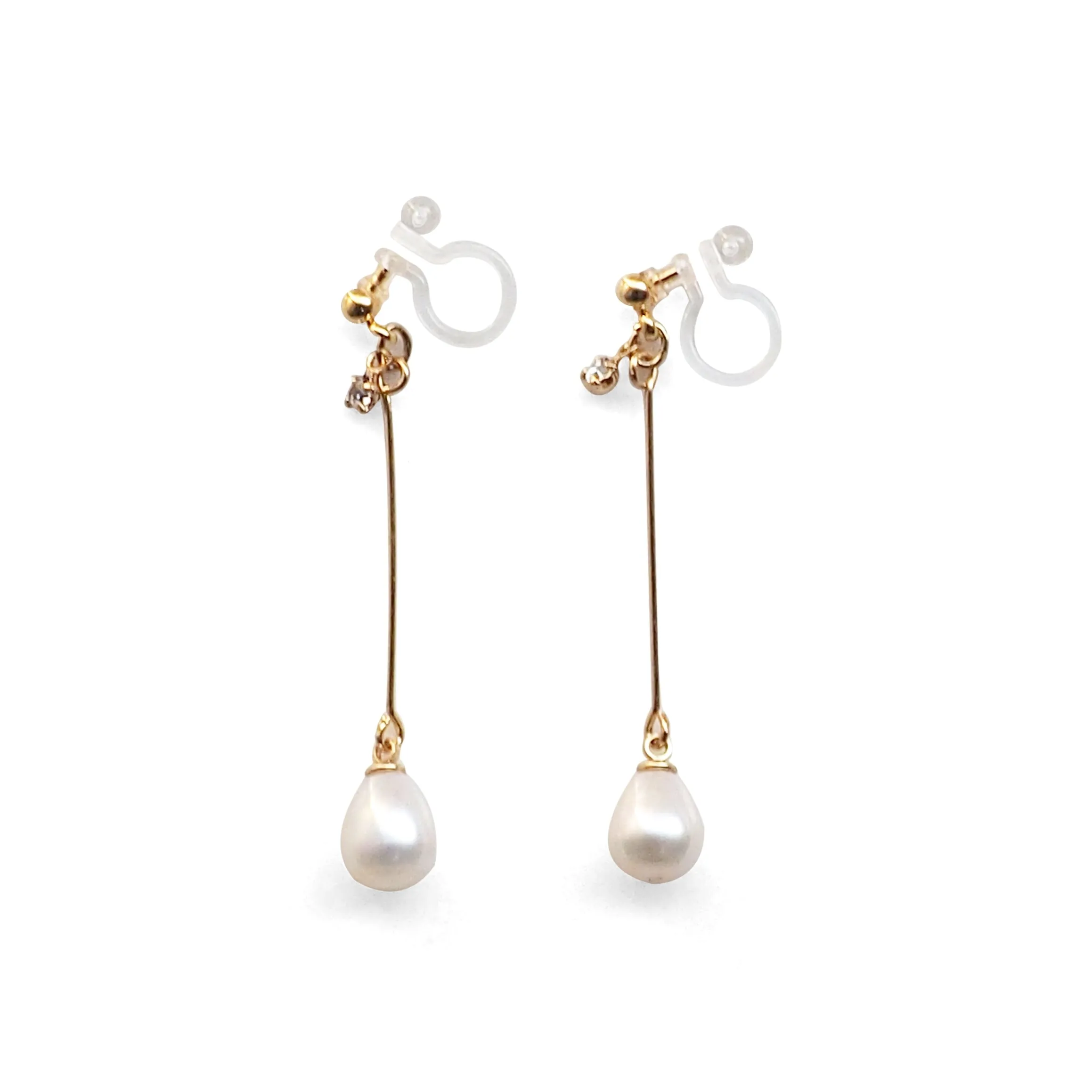 White Teardrop Freshwater Pearl Invisible Clip On Earrings (Gold tone)