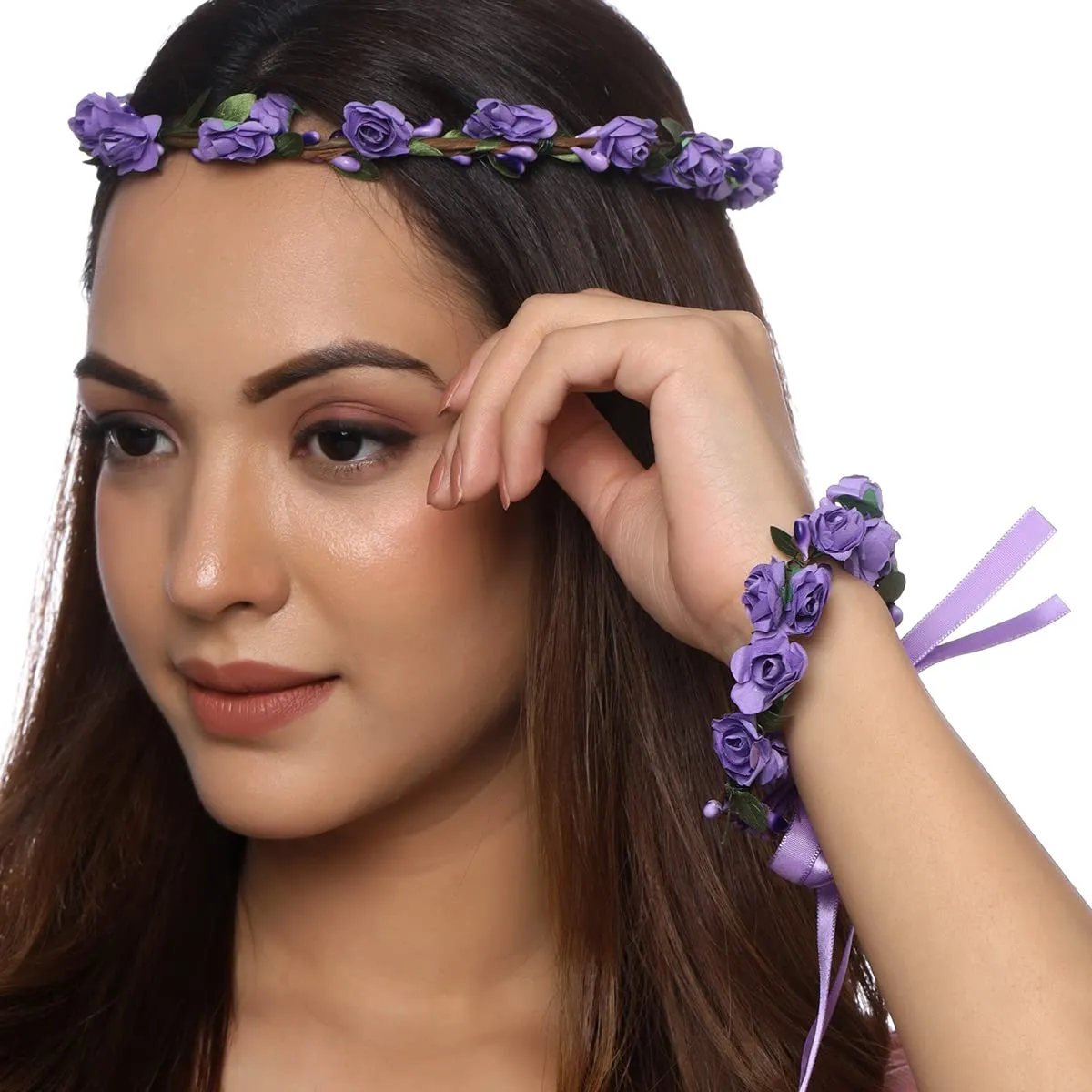 Yellow Chimes Floral Tiara and Bracelet Set for Women Purple Bridal Wedding Headband Hair Tiara For Women Bridesmaid Tiara Vines Set Hair Accessories.